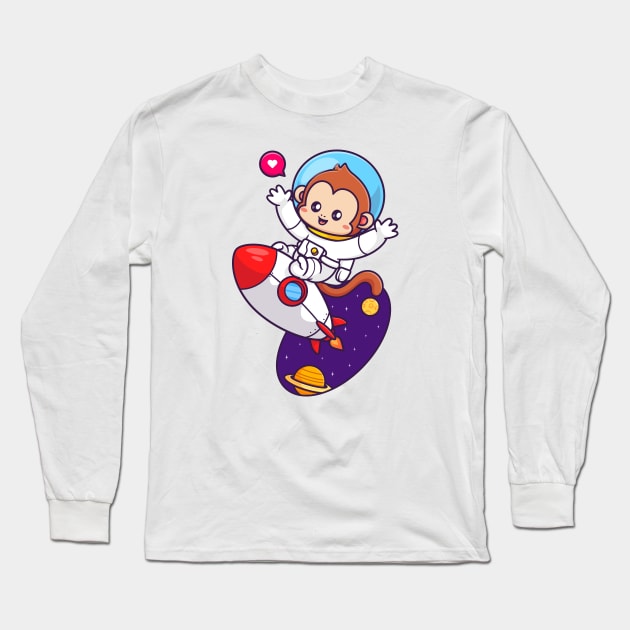 Cute Monkey Astronaut Flying With Rocket In Space Cartoon Long Sleeve T-Shirt by Catalyst Labs